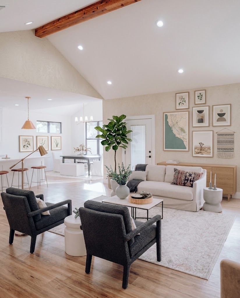 Bright modern living room with vaulted ceilings and natural light