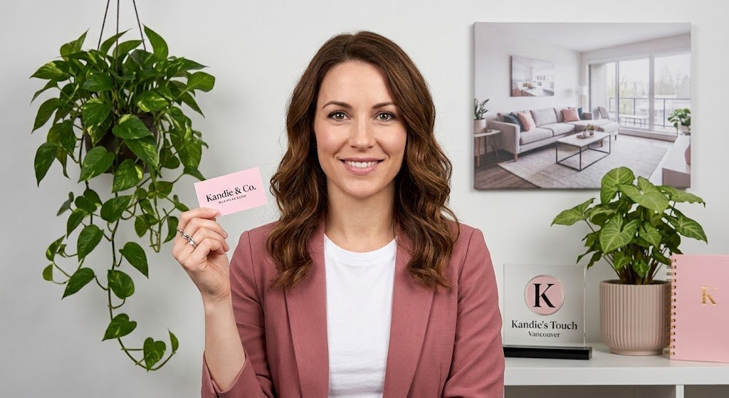 Kandi, owner of Kandi & Co. Cleaning, smiling and holding a business card in her Vancouver WA studio